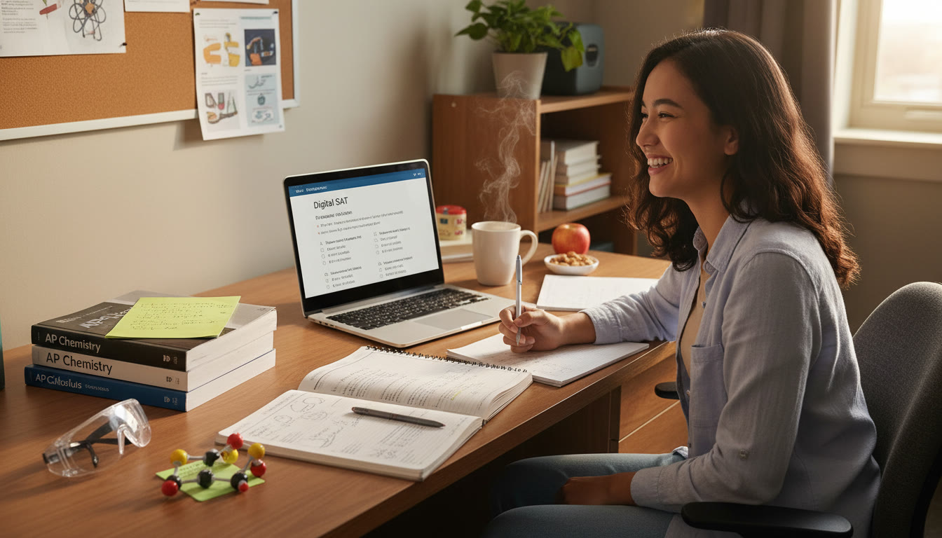 Photo Idea : A student studying at a desk with AP textbooks open, a laptop showing practice Digital SAT questions, and a lab notebook nearby communicating the balance between hands on lab work and standardized test prep.
