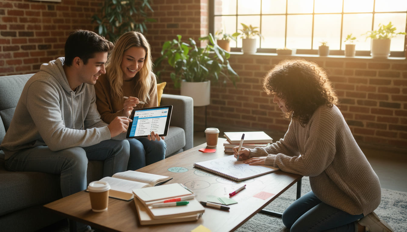 Photo Idea : A cozy after-school scene with a student pair reviewing an SAT practice section on a tablet while another student scribbles a concept map on a large notepad captures the contrast between digital test practice and handwritten concept work.