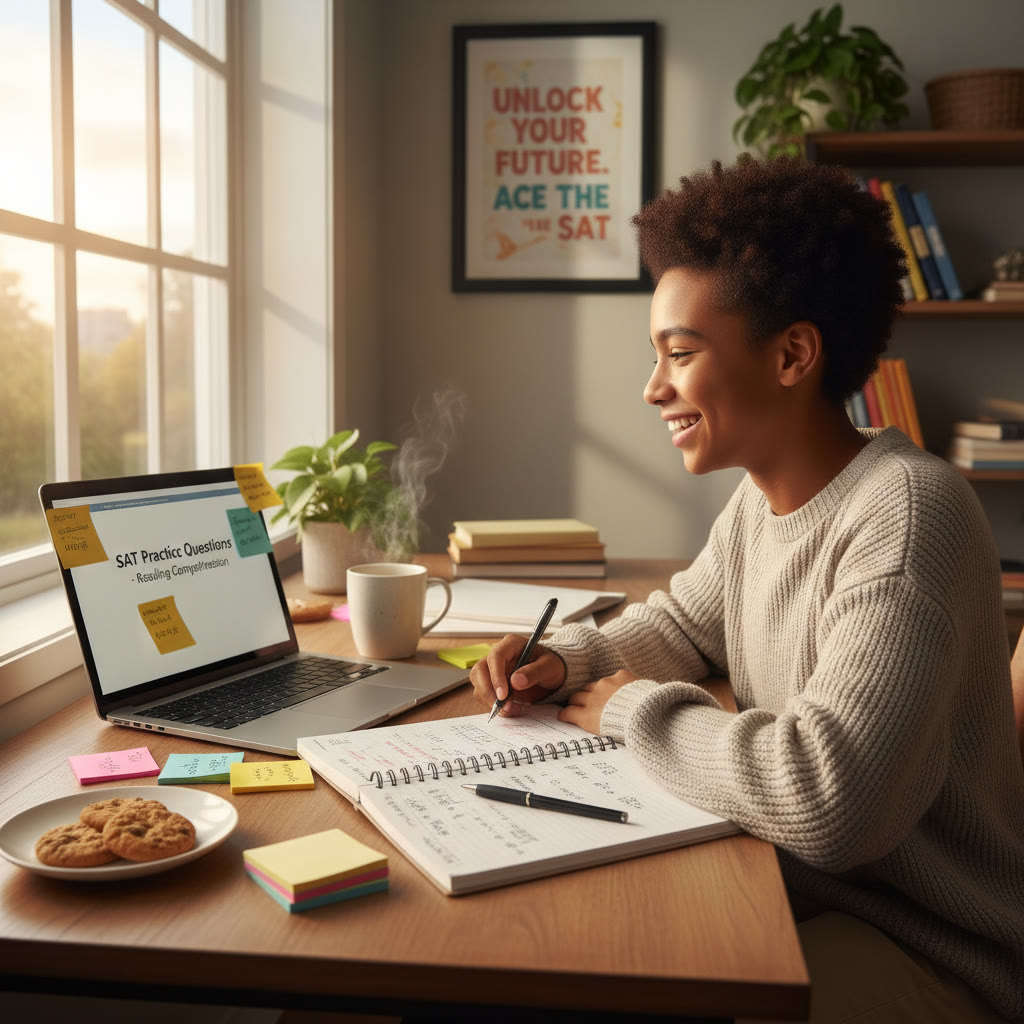 Photo Idea : A bright, candid photo of a high school student studying for the SAT on a laptop, with a notebook, a cup of tea, and sticky notes visible. Natural light, warm tones.