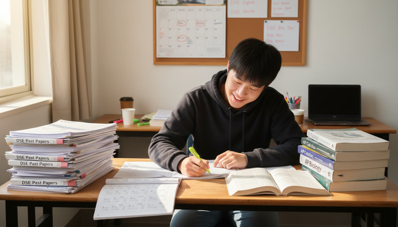 Photo Idea : A focused student at a desk surrounded by DSE past papers on one side and AP textbooks on the other, with a calendar showing marked test dates — conveys juggling both systems.