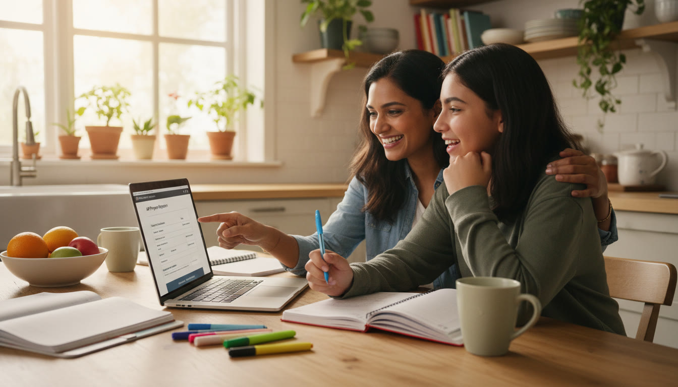 Photo Idea : A warm, candid photo of a parent and teen at a kitchen table with a laptop open to an AP registration page, pens and a calendar visible — showing collaboration and planning.