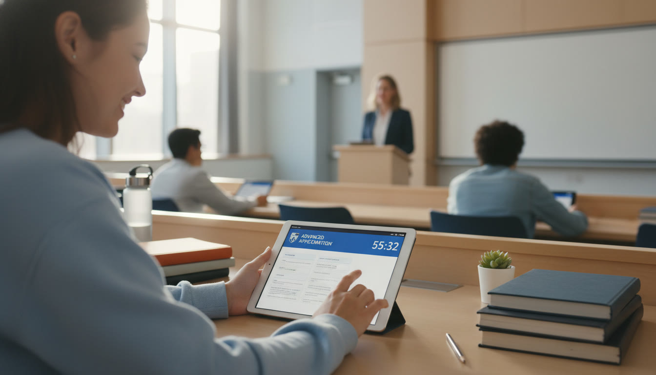 Photo Idea : A student at a desk using a tablet with a visible timer in the corner, a proctor standing at the front, and a tidy workspace — illustrates practicing under realistic conditions and the digital testing environment.