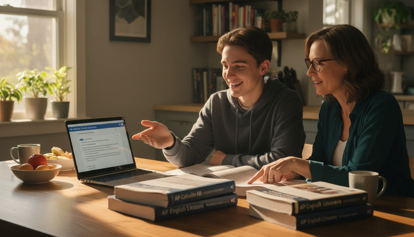 Photo Idea : A smiling high school student studying with a parent at a kitchen table, AP prep books and a laptop open to practice prompts — warm afternoon light, relaxed but focused atmosphere.