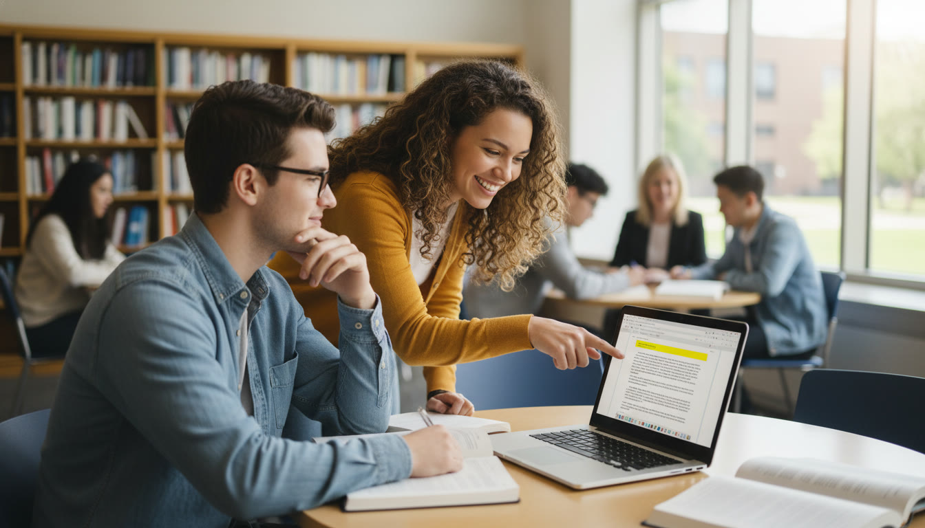 Photo Idea : Two students and a tutor at a small table, laptop open with a shared document, one student pointing at a highlighted paragraph — candid, collaborative atmosphere to suggest personalized tutoring and peer feedback.