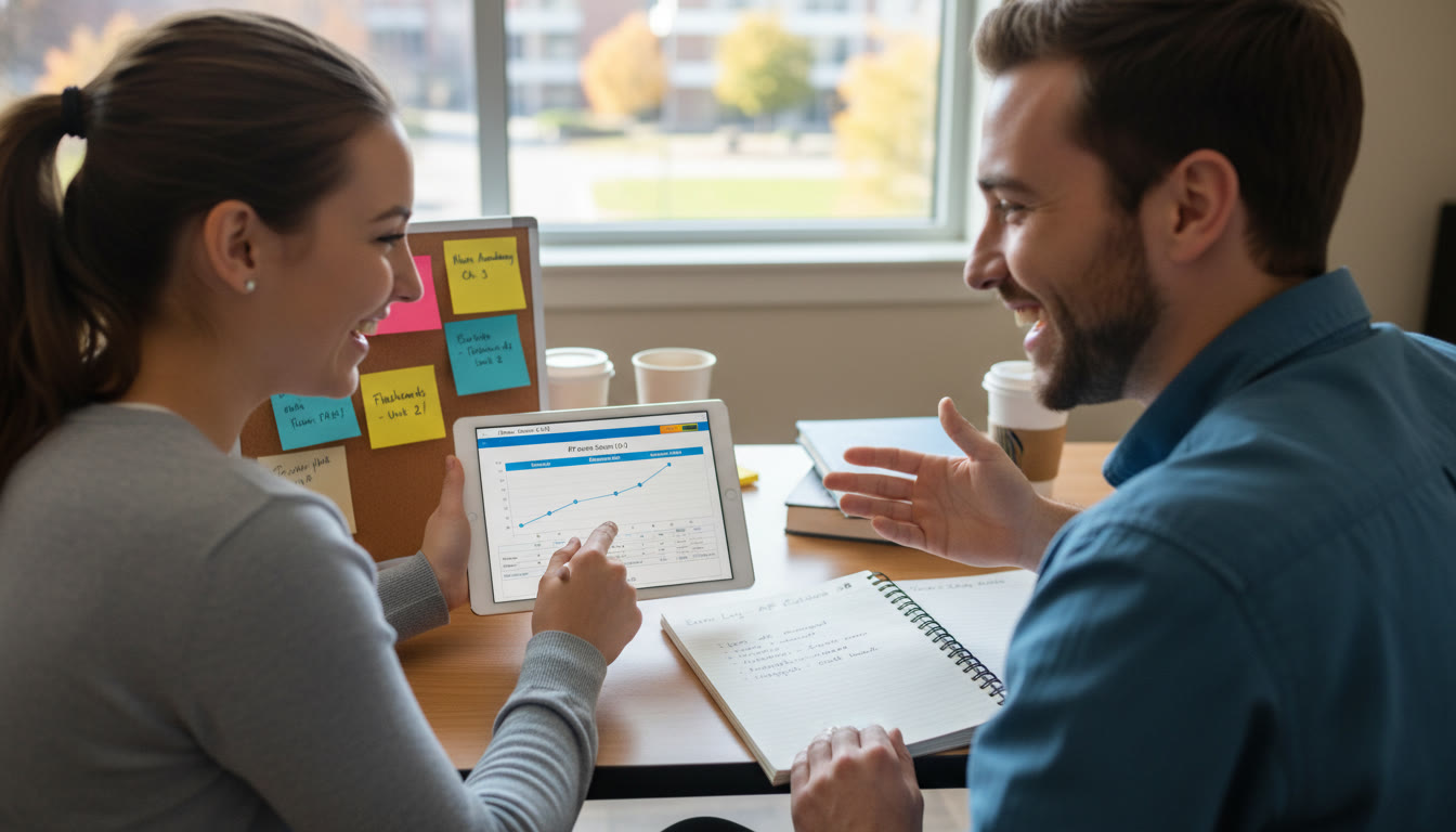 Photo Idea : Over-the-shoulder shot of a student and a tutor reviewing a spreadsheet on a tablet showing a time vs score chart, with sticky notes and an error log visible — conveys collaborative, targeted improvement.