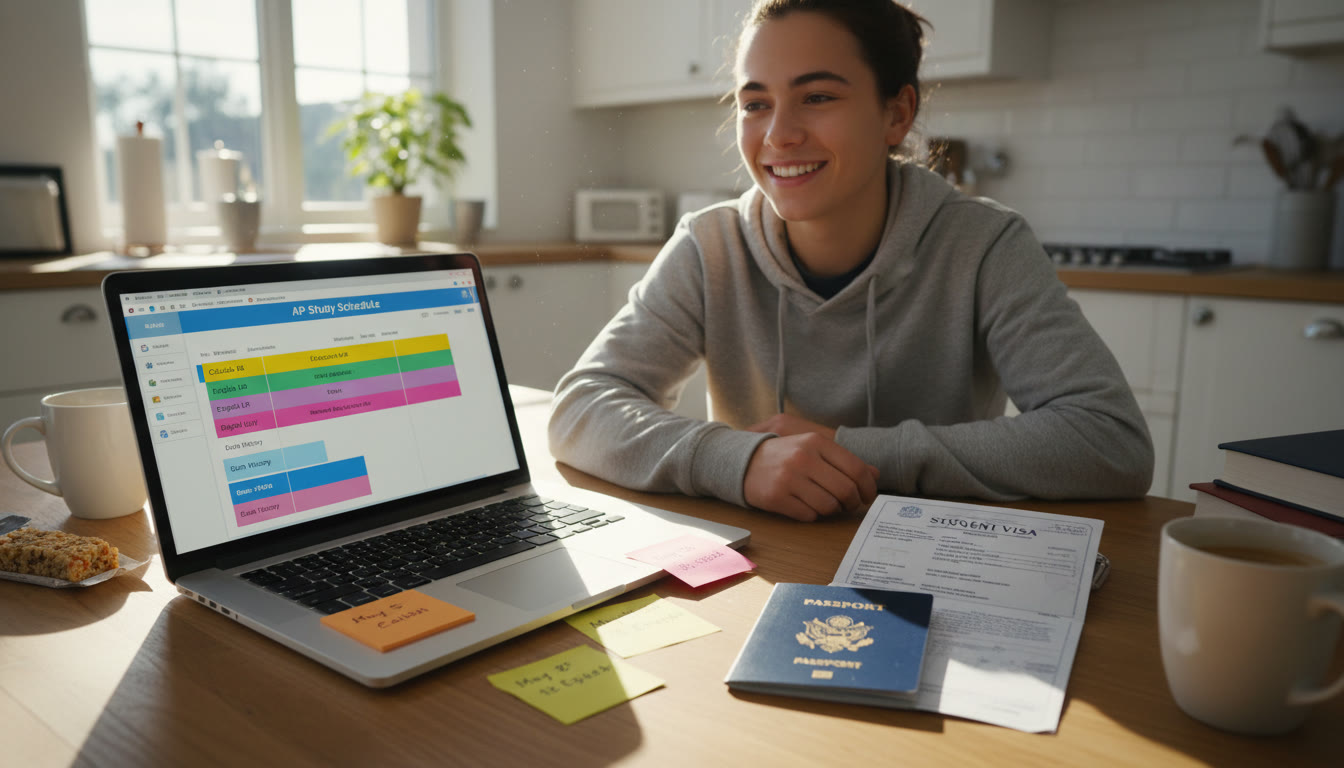 Photo Idea : A student at a kitchen table with a laptop open to an AP study schedule, passport and visa documents beside them, sunlight falling across sticky notes with exam dates — conveys organization and real-life multitasking.