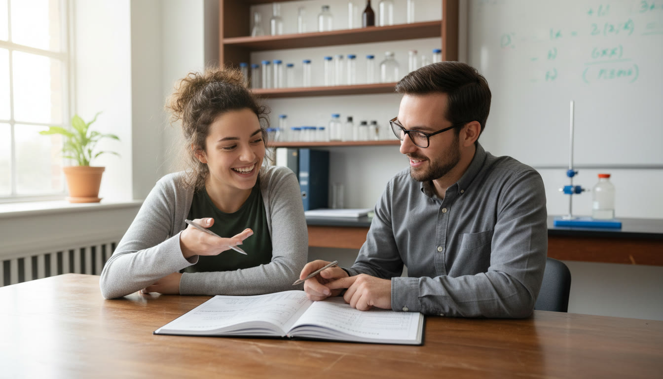 Photo Idea : A photo of a student and a tutor discussing a lab notebook at a table, with the notebook open to a clear, organized risk assessment and protocol checklist.