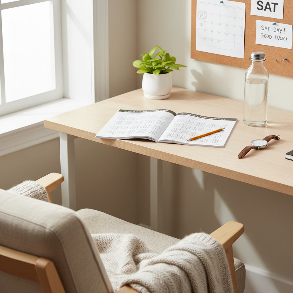 Photo idea: A quiet study corner with a printed SAT practice test, pencil, watch, and water bottle arranged to suggest a realistic test-day setup