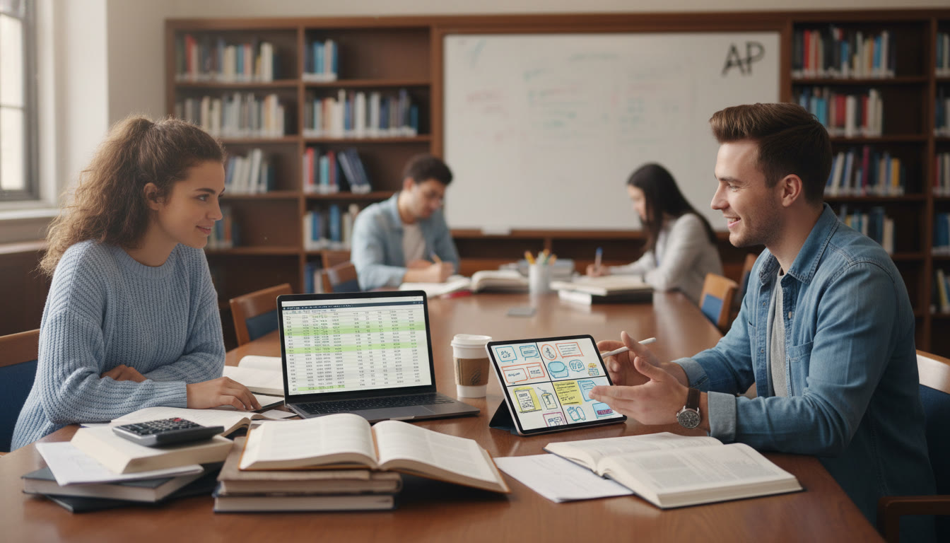 Photo Idea : A bright, optimistic photo of two students at a library table—one working through spreadsheets and notes (representing Finance/Accounting) and the other sketching a marketing storyboard on a tablet (representing Marketing/Management). Natural light, relaxed but focused expressions.