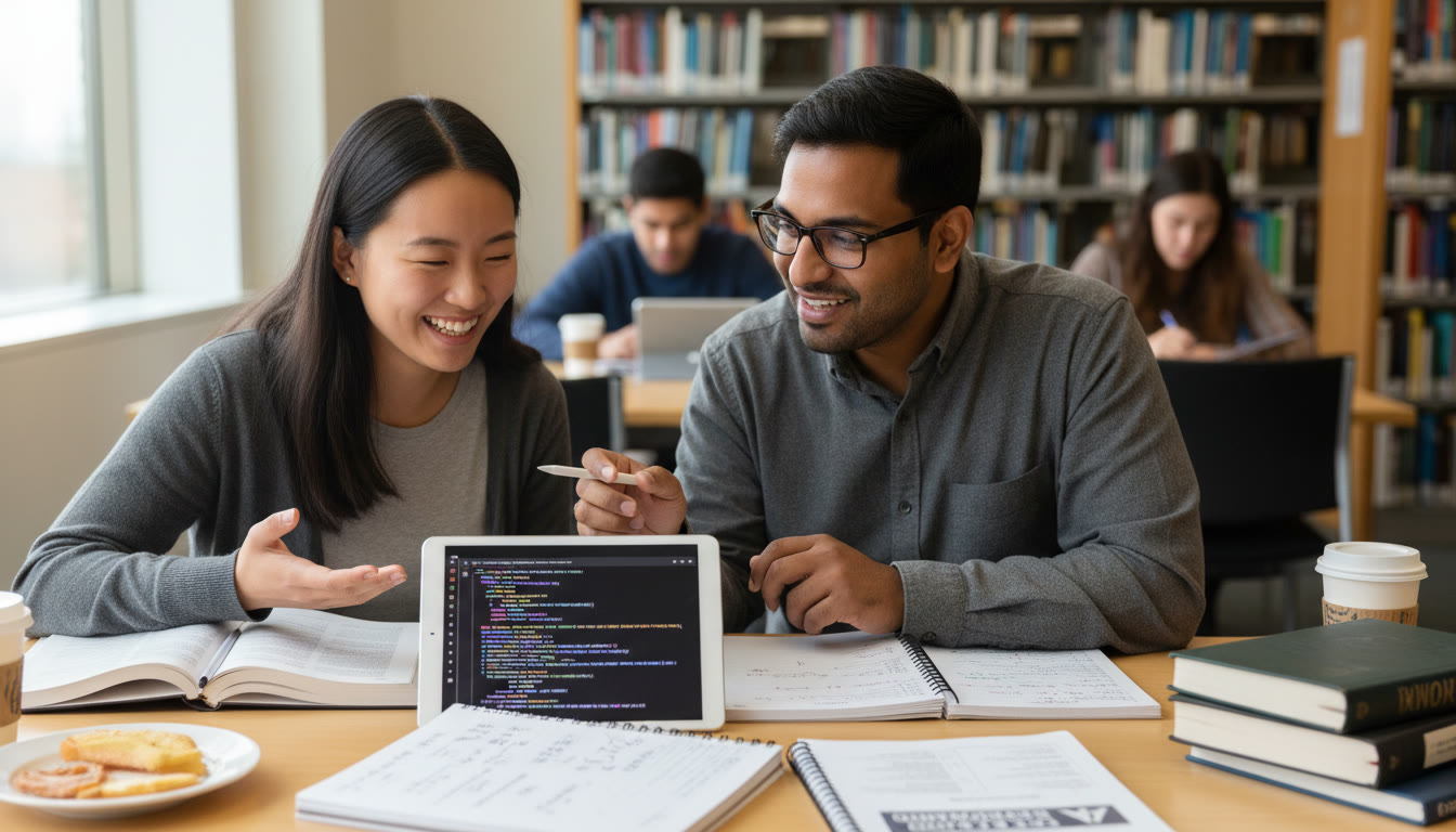 Photo Idea : A student working with a tutor on a tablet, code on screen and notes open — conveys personalized tutoring and collaborative problem solving.