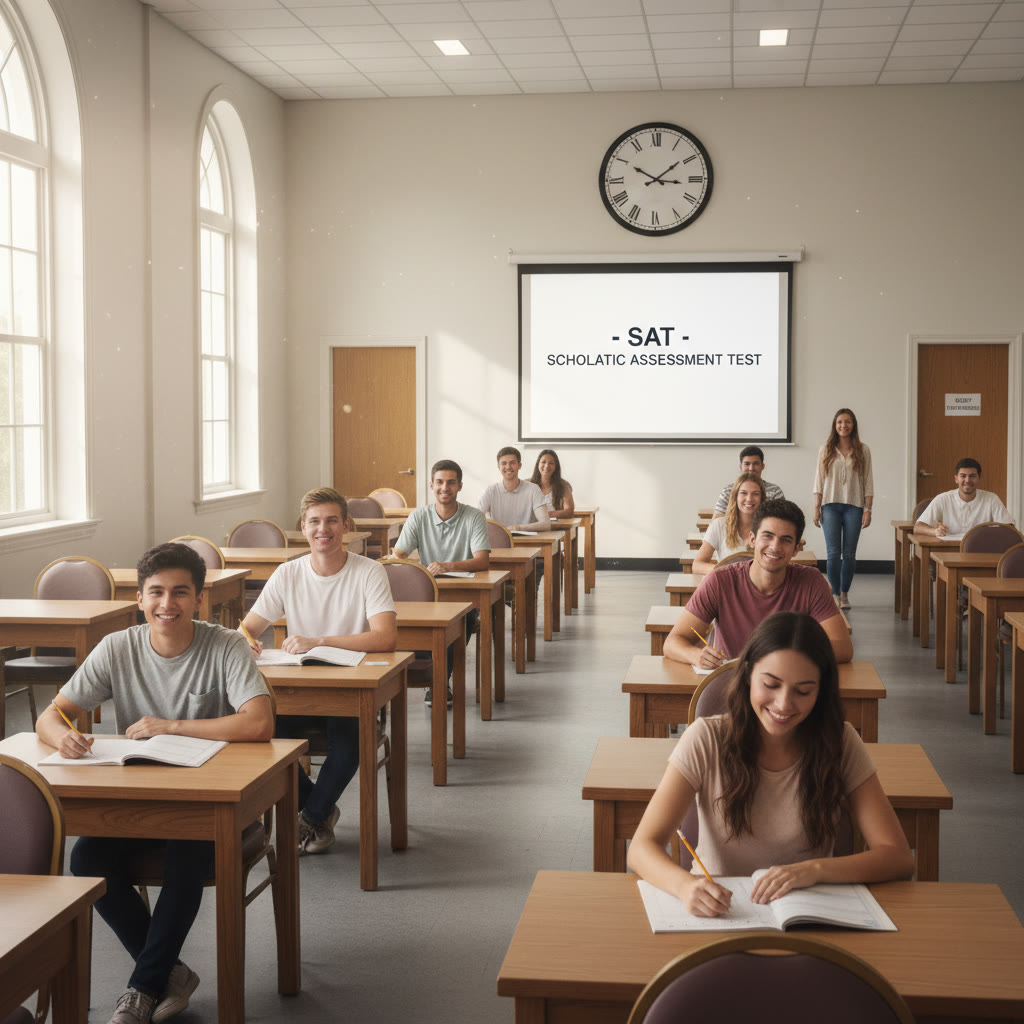 Photo idea: A quiet test center interior with rows of desks, soft lighting, and a clock on the wall, illustrating the controlled environment of test day
