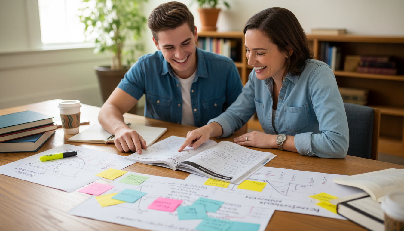 Photo Idea : A candid scene of a student and a tutor reviewing an AP practice exam together on a table, with charts and colored notes visible—illustrates personalized tutoring and focused review sessions.