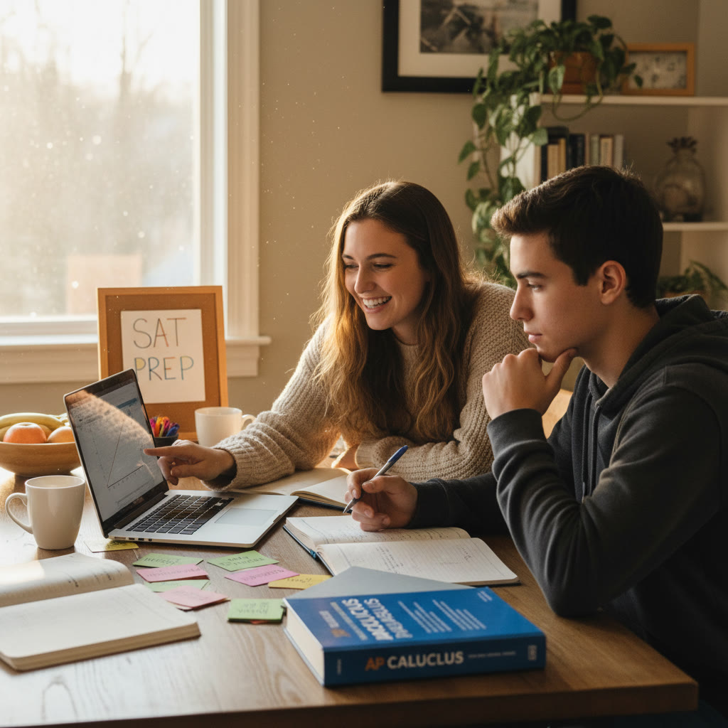 Photo Idea : A tutor and student working together over a laptop and notes, with visible flashcards and an AP prep book, capturing a focused but friendly tutoring session.