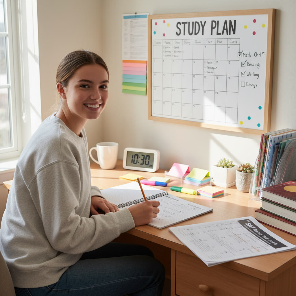 Photo idea: A student at a dorm desk with organized notes and a practice test on the desk, showing quiet focus and a tidy study plan.