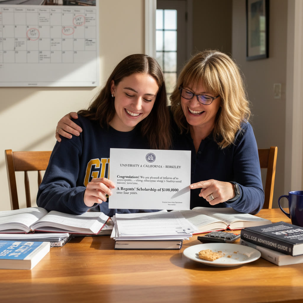 Photo Idea : A parent and student reviewing a mock college acceptance letter and scholarship offer at a kitchen table, illustrating the application outcome and relief after careful SAT planning.