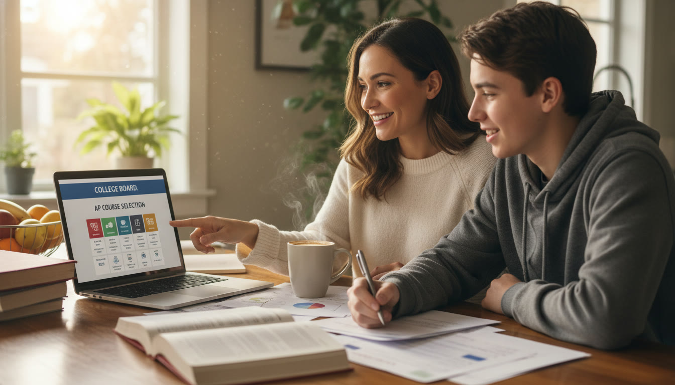 Photo Idea : A warm, candid photo of a parent and teen sitting at a kitchen table reviewing a laptop screen together with papers and a cup of coffee — conveys teamwork and calm planning.