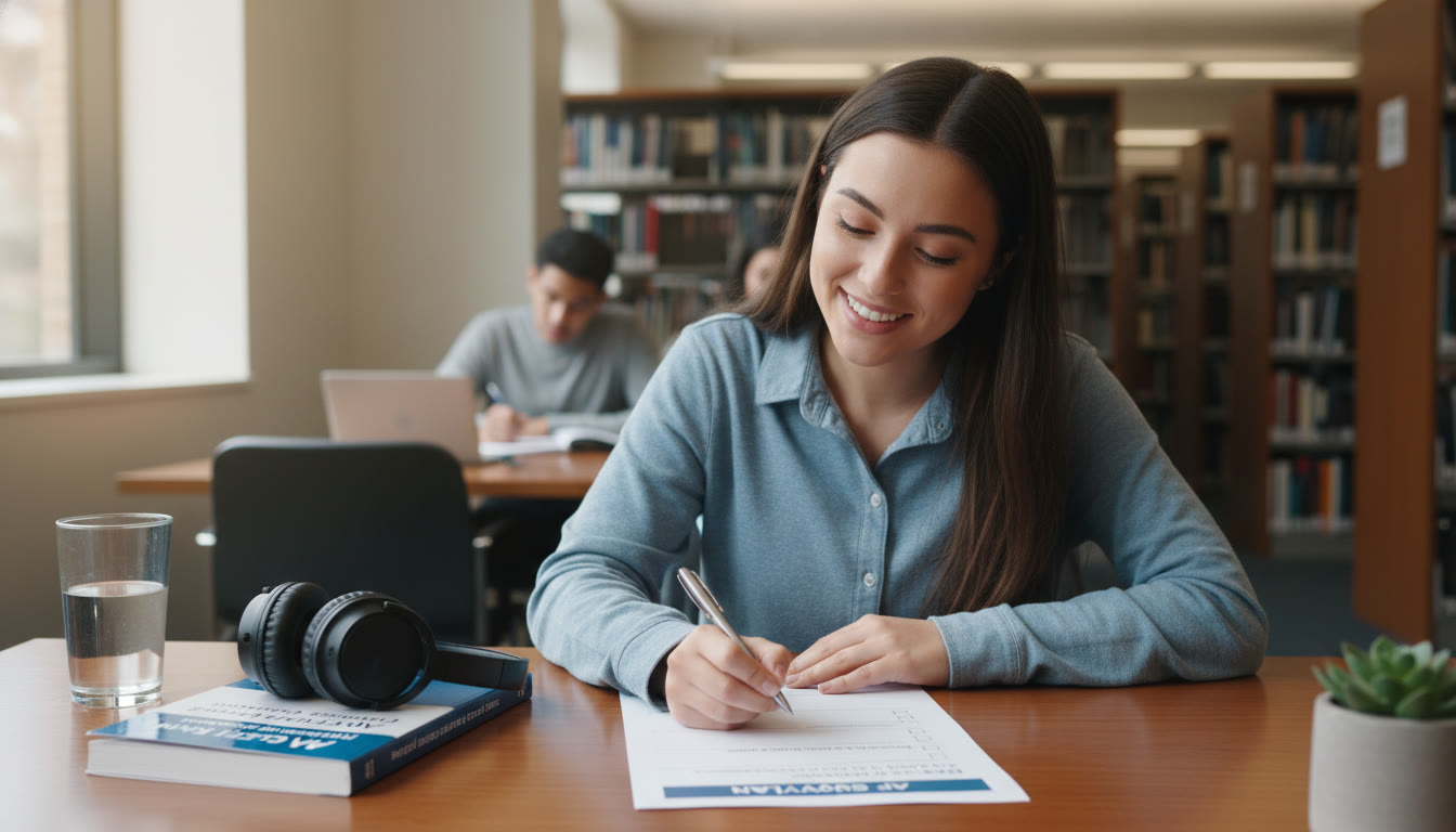Photo Idea : A calming, focused image of a student at a library table, marking a completed checklist in the template with a satisfied smile; a closed practice-exam booklet and headphones nearby to suggest a balanced routine. Place this image near the final sections that talk about habit and wellness.