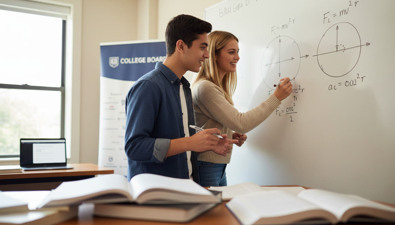 Photo Idea : A tutor and student looking at a whiteboard with circular motion diagrams and equations, mid-discussion — conveys collaborative problem-solving and personalized instruction.