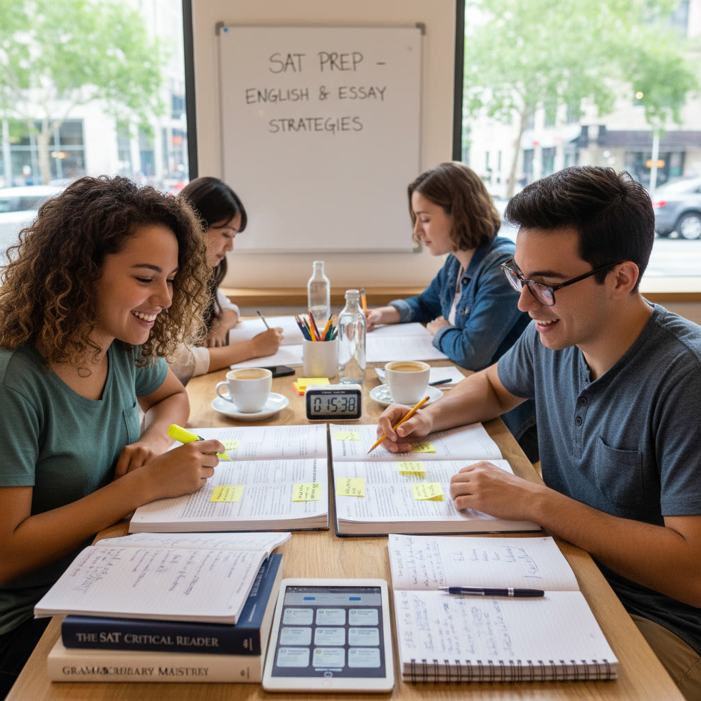 Two students at a table reviewing paired passages side-by-side with notes and a timer — a scene suggesting focused practice and collaboration.