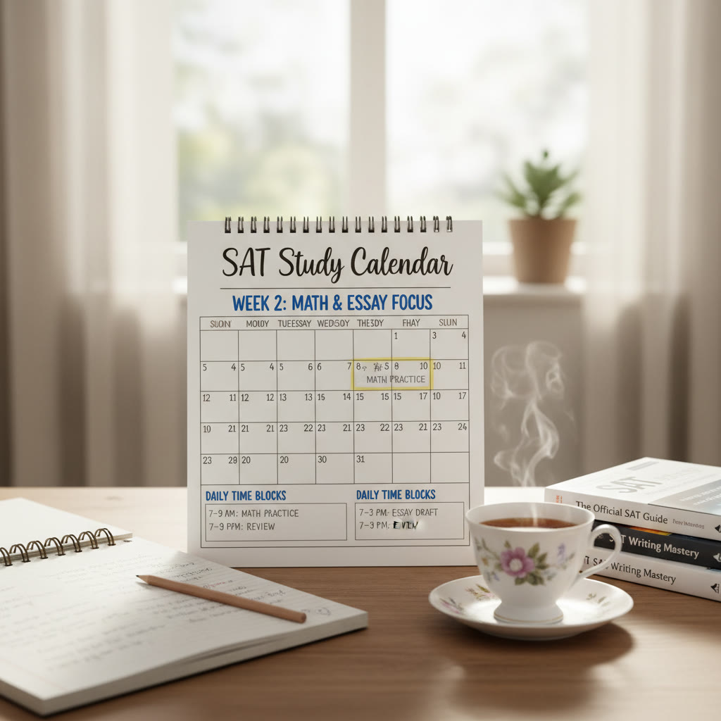 Study calendar visual: a clean 30-day calendar with highlighted weekly focuses and sample daily time blocks, showing a peaceful, organized desk with a notebook, pencil, and a cup of tea.