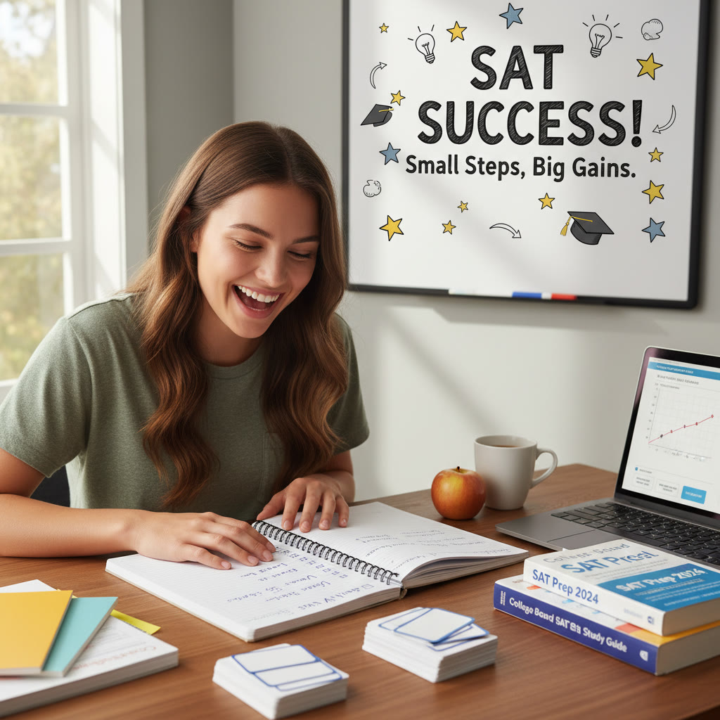 Student smiling at a desk with SAT practice materials, showing a notebook with small checkmarks representing daily wins.