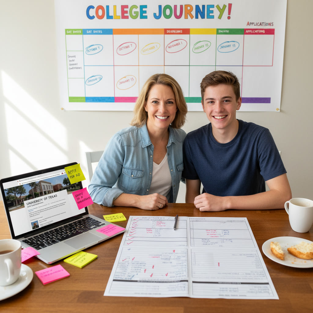 Photo Idea : A parent and student reviewing a printed college checklist at a kitchen table with a laptop open to a college profile, sticky notes, and a colorful timeline of test dates and deadlines.