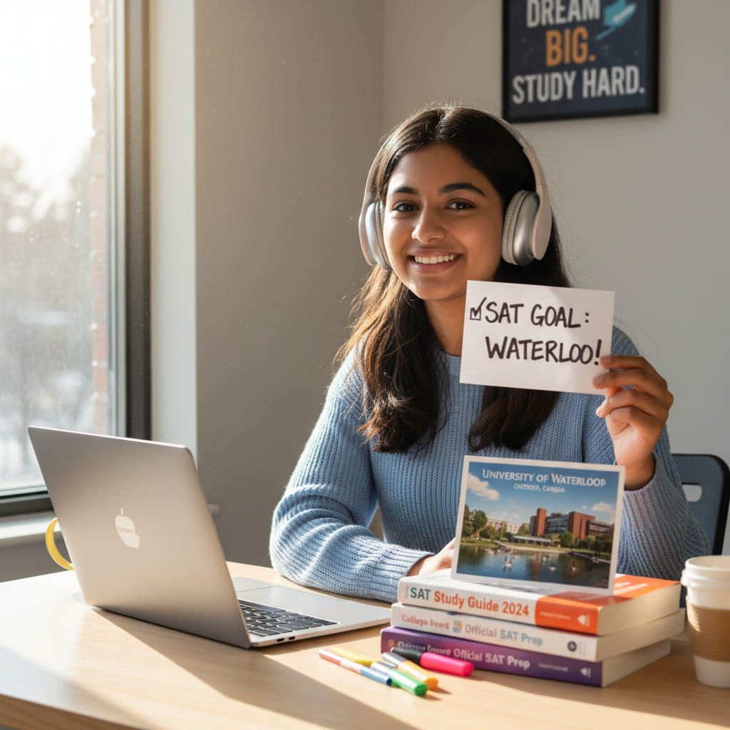 Photo Idea : Photo of a student at a desk with a laptop, headphones, and study materials; a Waterloo campus postcard beside them to evoke studying for the SAT with the goal of applying to Waterloo.