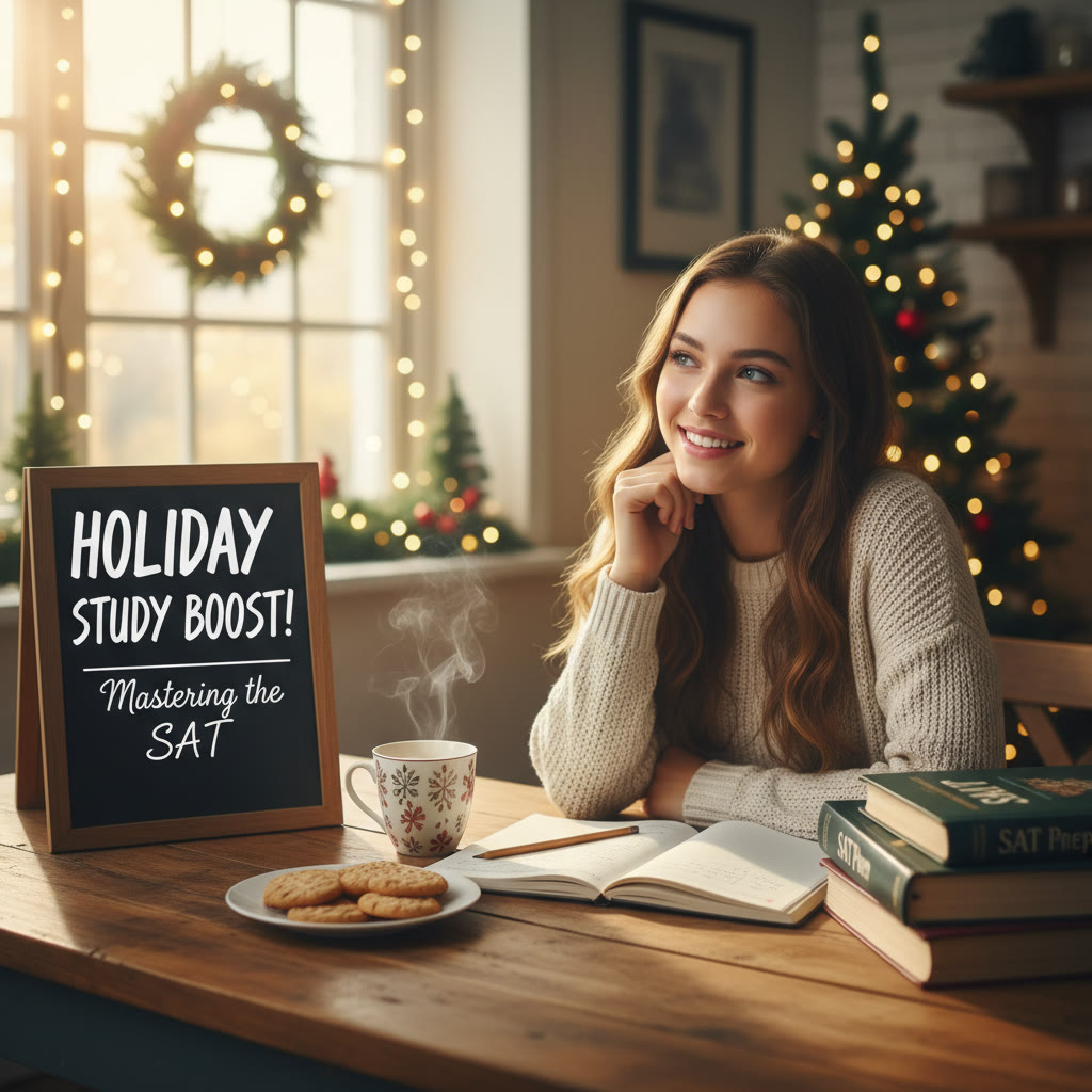 Student studying at a cozy kitchen table during a holiday morning, with a notebook, pencil, and a cup of tea—show a calm, focused atmosphere.