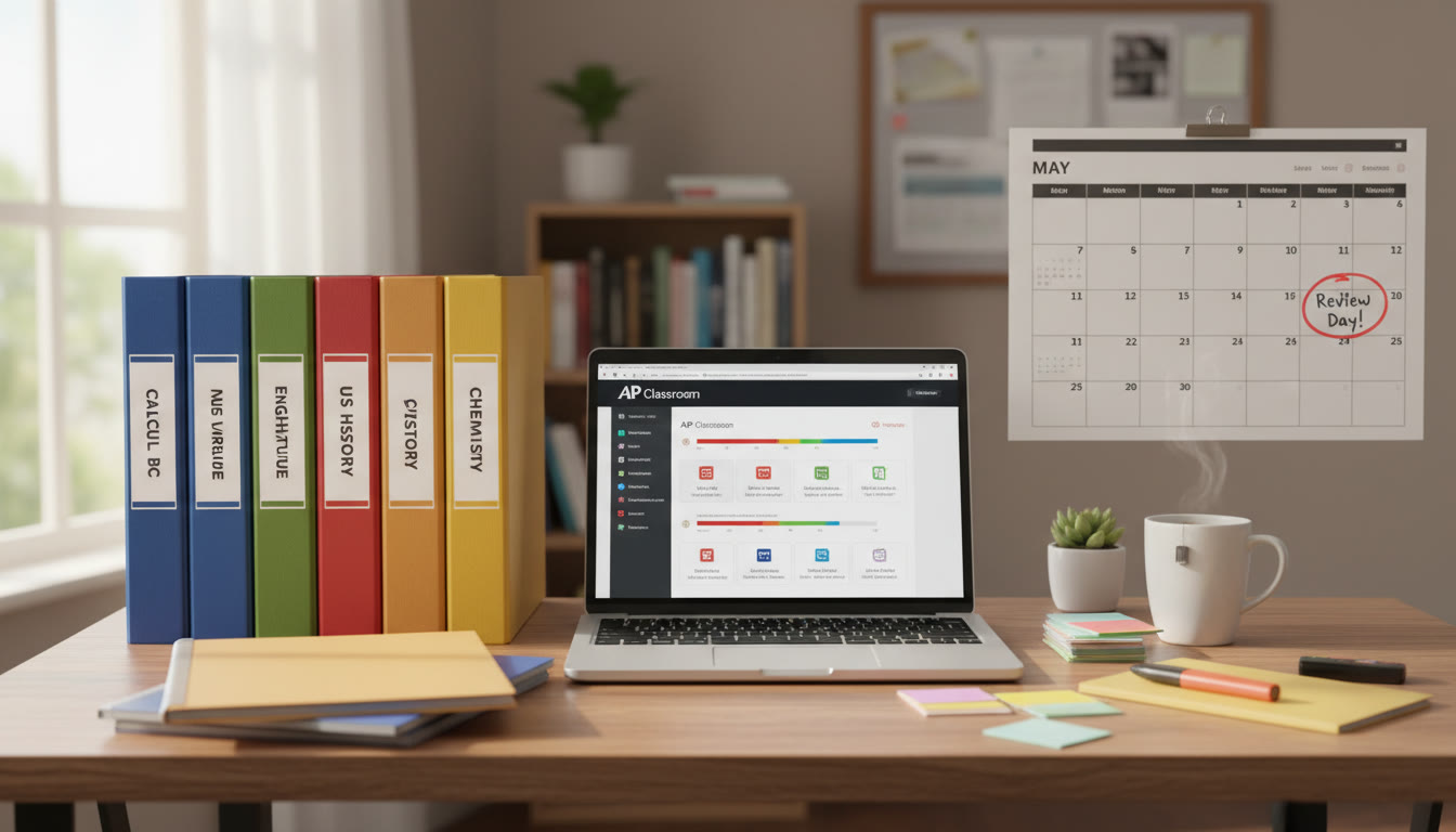 Photo Idea : A bright, cozy desk with neatly organized subject binders, a laptop open to AP Classroom, and a large calendar showing a circled date labeled 
