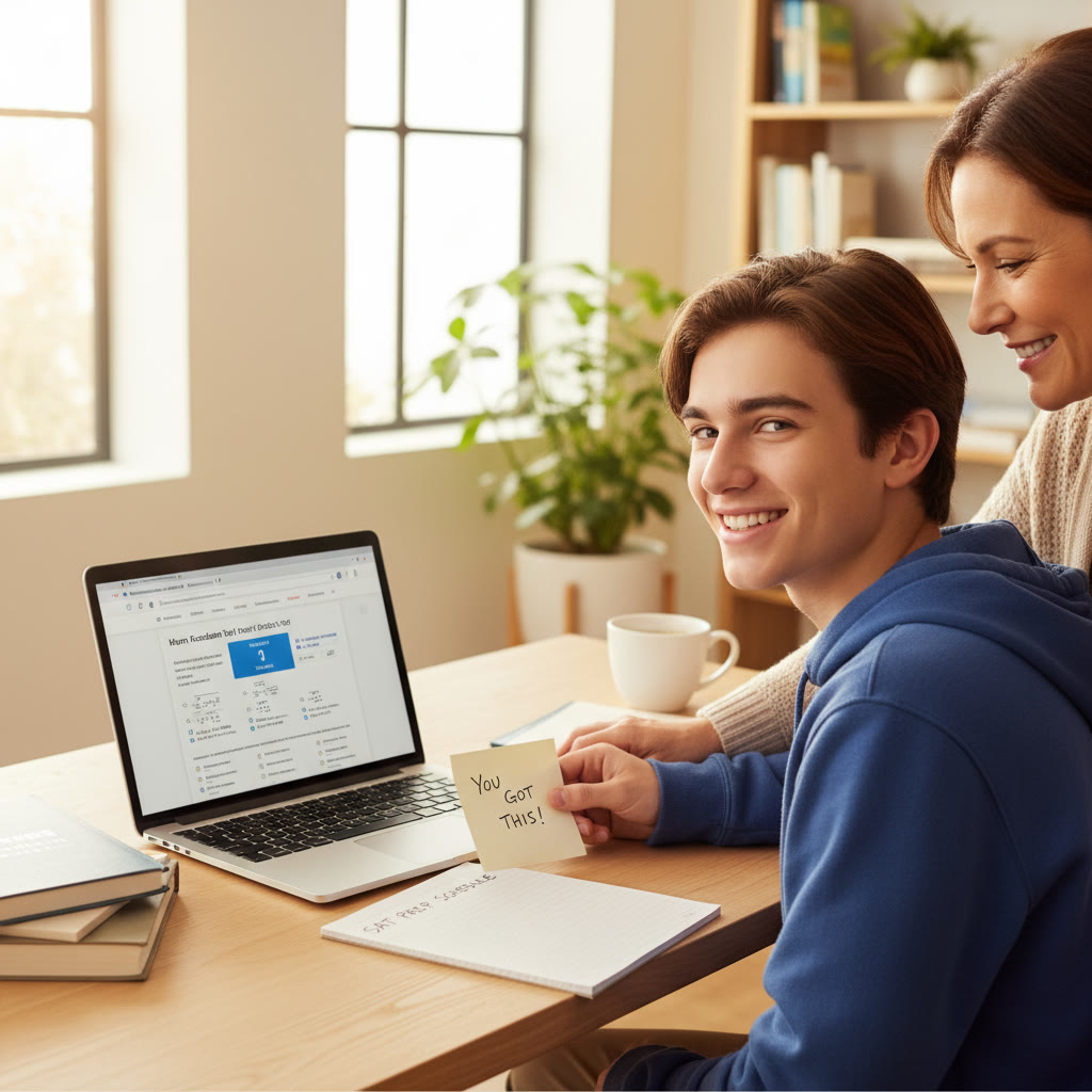 Photo Idea : A focused student at a desk, laptop open with practice test on screen, a parent nearby offering a supportive note. Natural lighting, warm tones to convey partnership and calm.