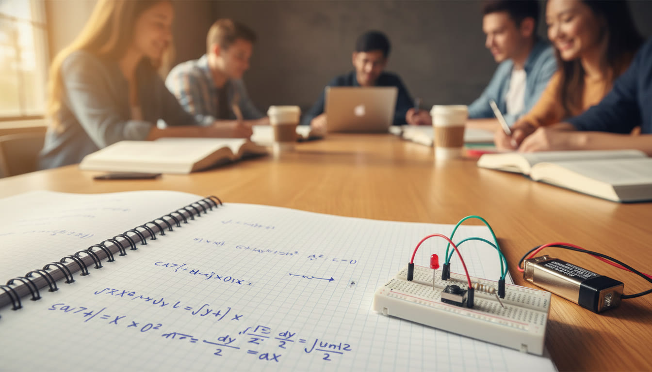 Photo Idea : Close-up of a student’s notebook showing calculus derivations beside a small breadboard with a simple circuit — a visual link between math and practical engineering.