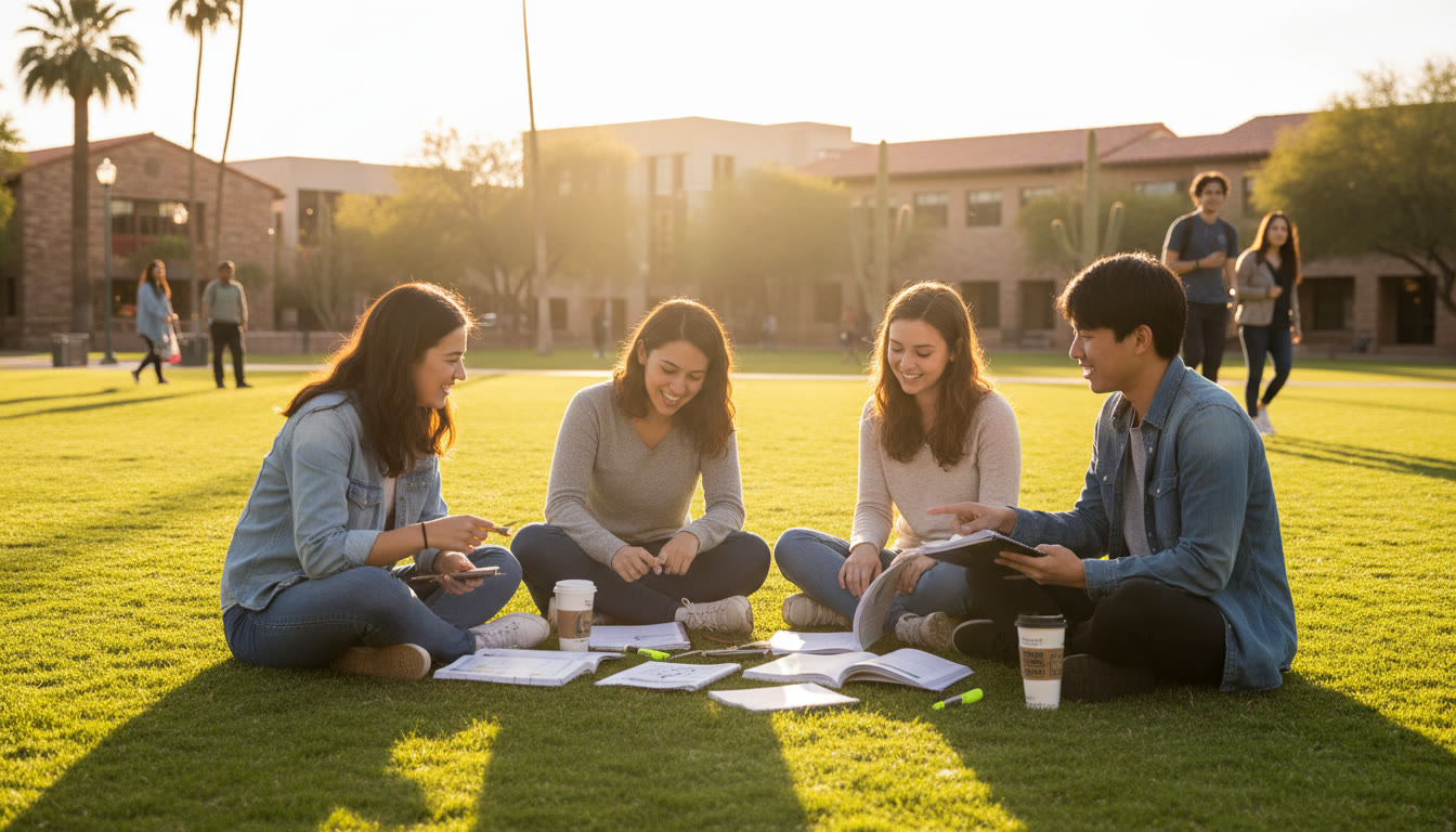 Photo Idea : A campus shot at golden hour (e.g., a university quad in Arizona) with a tiny group of students discussing notes on the lawn—evokes belonging, honors community, and next-step aspiration.