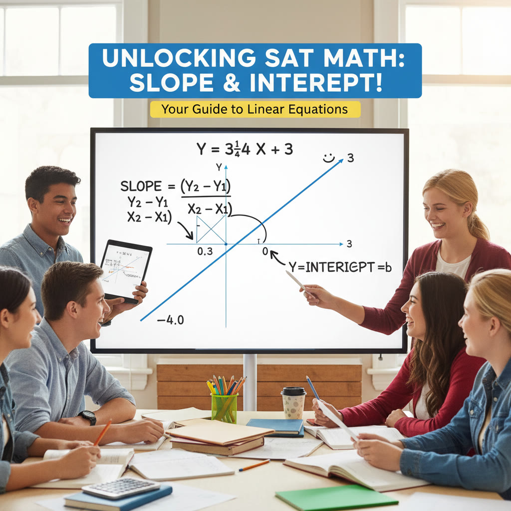 Annotated coordinate plane showing a line, slope calculation, and labeled intercepts to illustrate slope/intercept interpretation