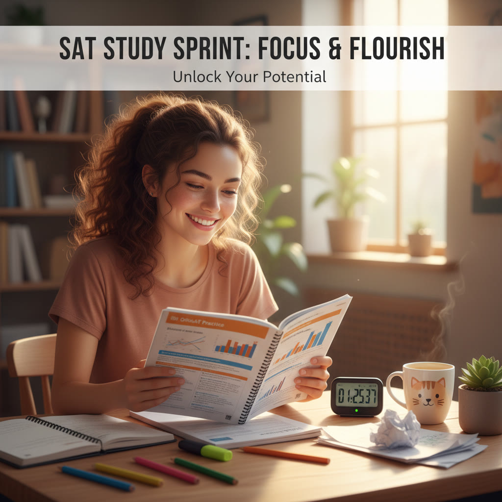 Student at a desk with timer, scratch paper, and SAT practice booklet — scene shows focused sprint study setup.