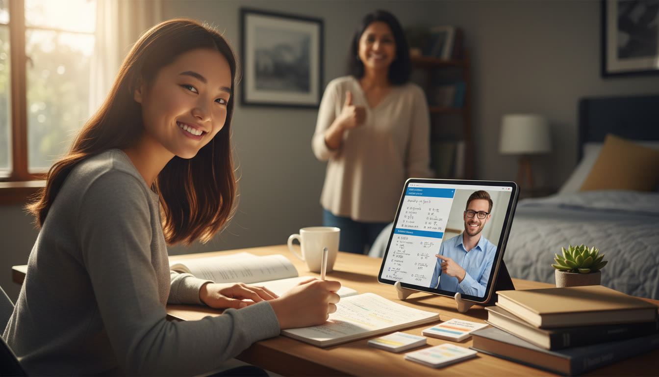 Photo Idea : A bright, optimistic image of a student in study mode with an online tutor — a tablet showing practice problems, notes neatly organized nearby, and a parent giving a supportive thumbs-up in the background.