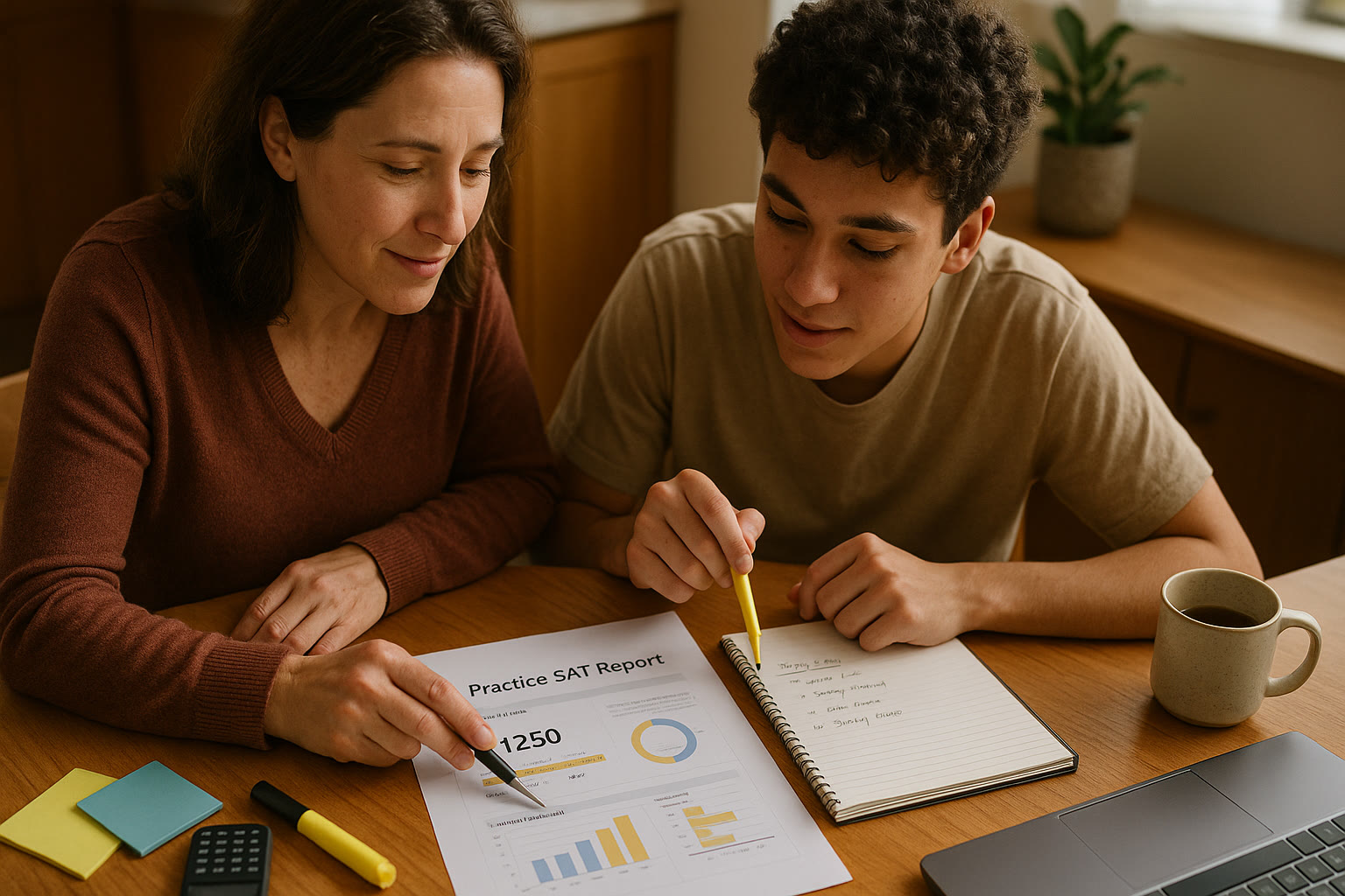 Photo Idea : A parent and teen at a kitchen table reviewing a practice SAT report together, highlighting improvements and making a study plan on a notepad.