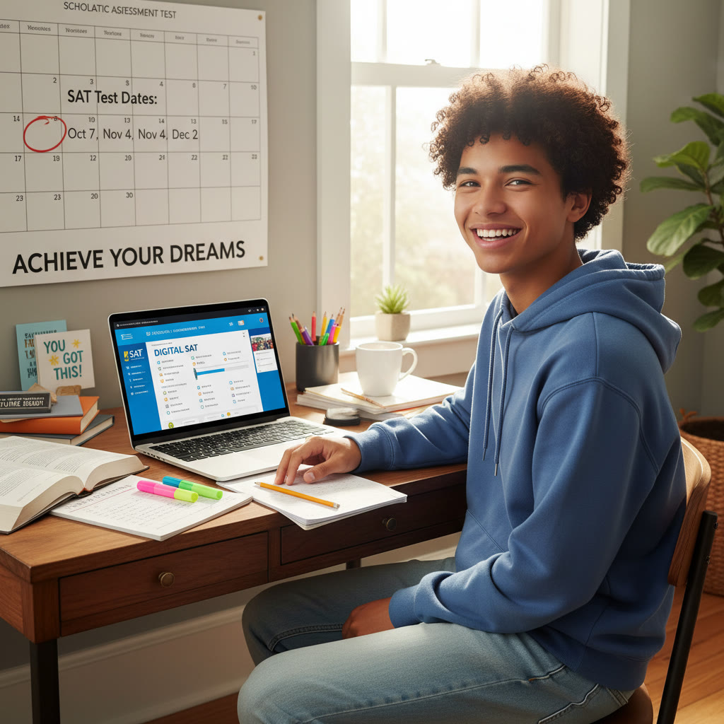 Photo Idea : A high school student studying at a desk with a laptop open to a Digital SAT practice interface, surrounded by notes and a calendar showing test dates.