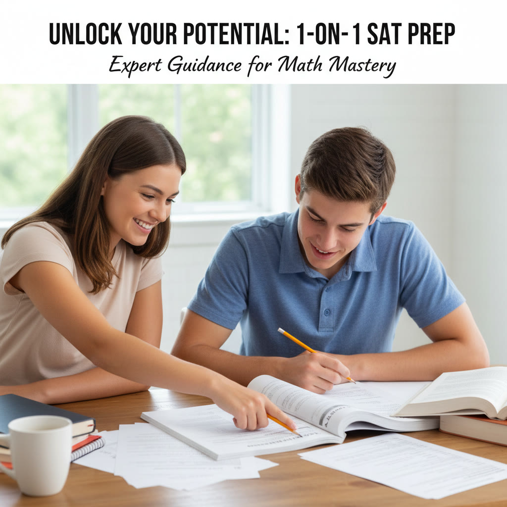 Photo idea: a tutor and student working together over the SAT Math section, the tutor pointing to a table in the test booklet—conveys personalized 1-on-1 guidance and focused study.