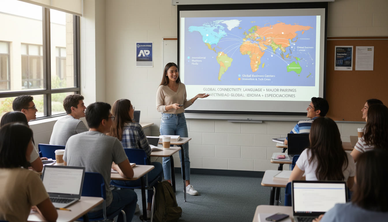 Photo Idea : A student presenting a bilingual project in a classroom, projector slide showing a world map with highlighted regions related to International Relations, Business hubs, and Tech centers—conveying the global reach of language + major pairings.