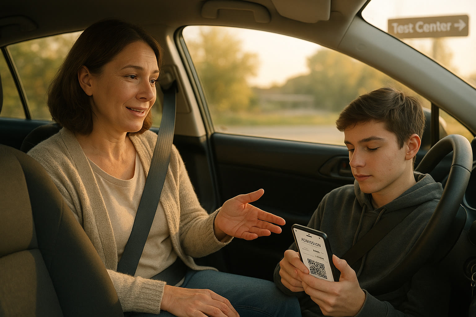 Photo Idea : A warm, reassuring photo of a parent and teen in the car on the way to a test center, parent speaking calmly while teen checks their admission ticket on their phone.