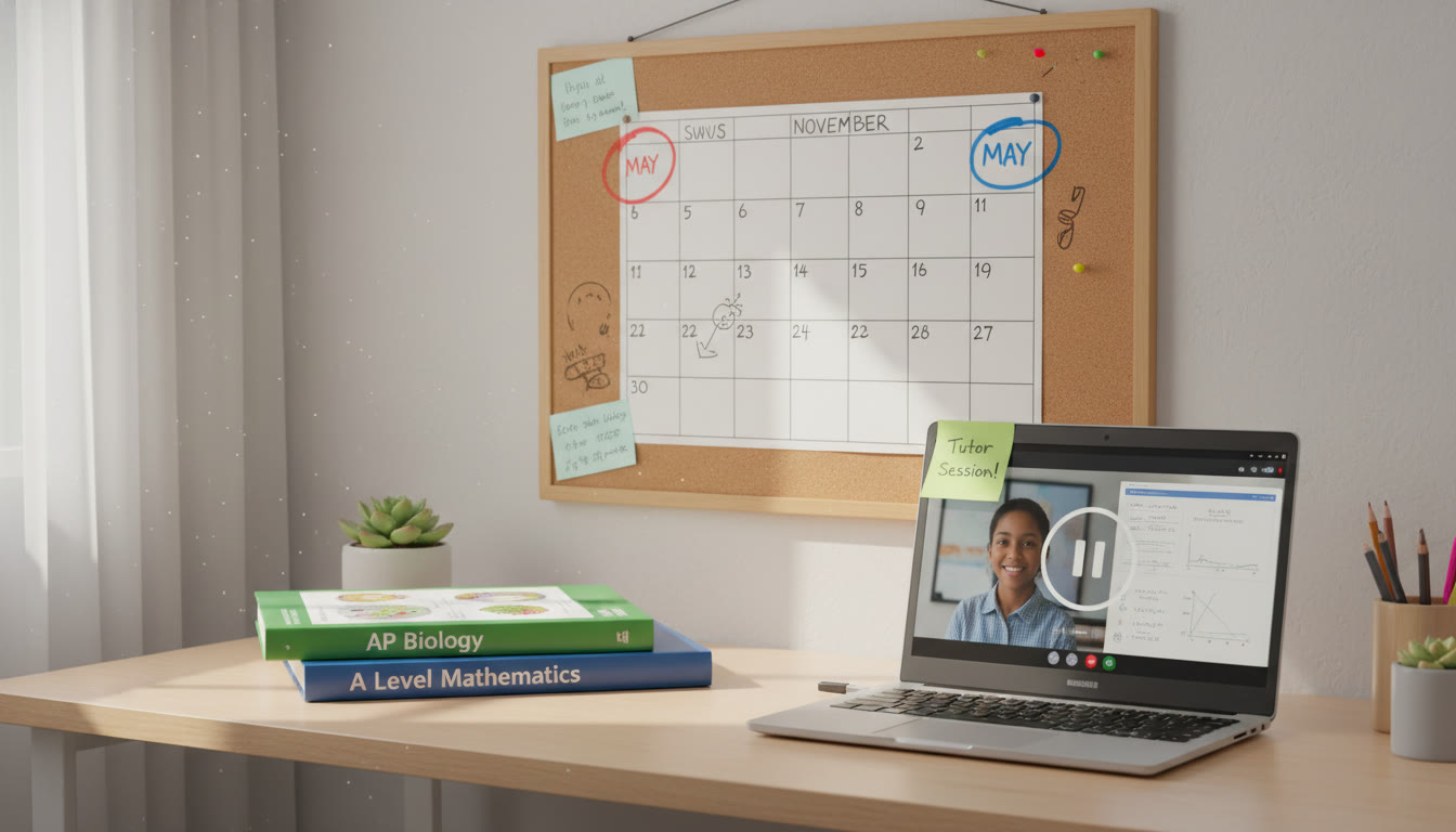Photo Idea : A bright, organized study corner with a visible wall calendar showing May and November, open textbooks for AP Biology and A Level Mathematics, a laptop with a tutoring session paused — captures the rhythm of both systems.