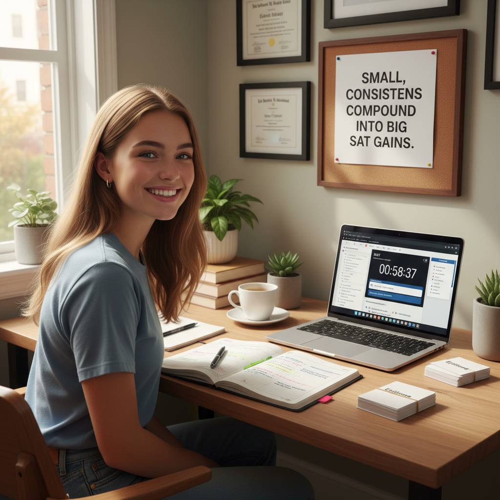 Student at a tidy desk with a planner open, a laptop showing a timed practice section, and a small stack of flashcards. Caption: 
