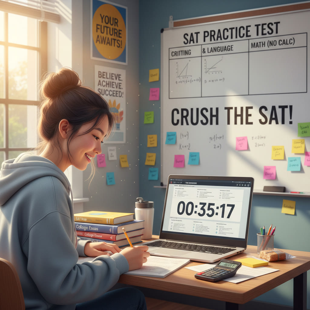 Photo idea: A classroom scene with a student taking a timed SAT practice test, surrounded by notes and a laptop showing practice questions.