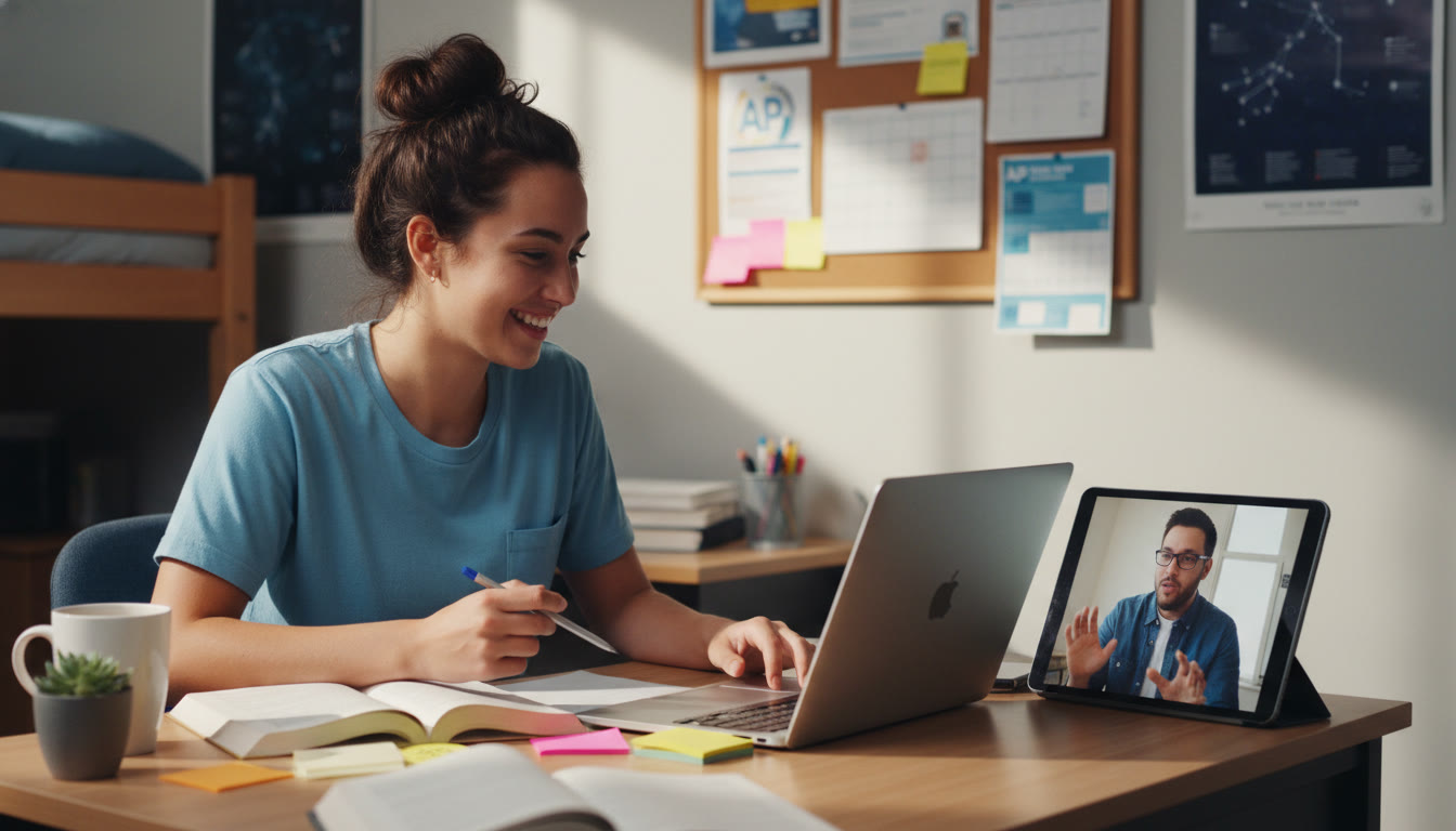 Photo Idea : A student at a desk revising an essay with notes, a laptop, and a tutor on a video call—illustrates modern, personalized support like Sparkl provides.