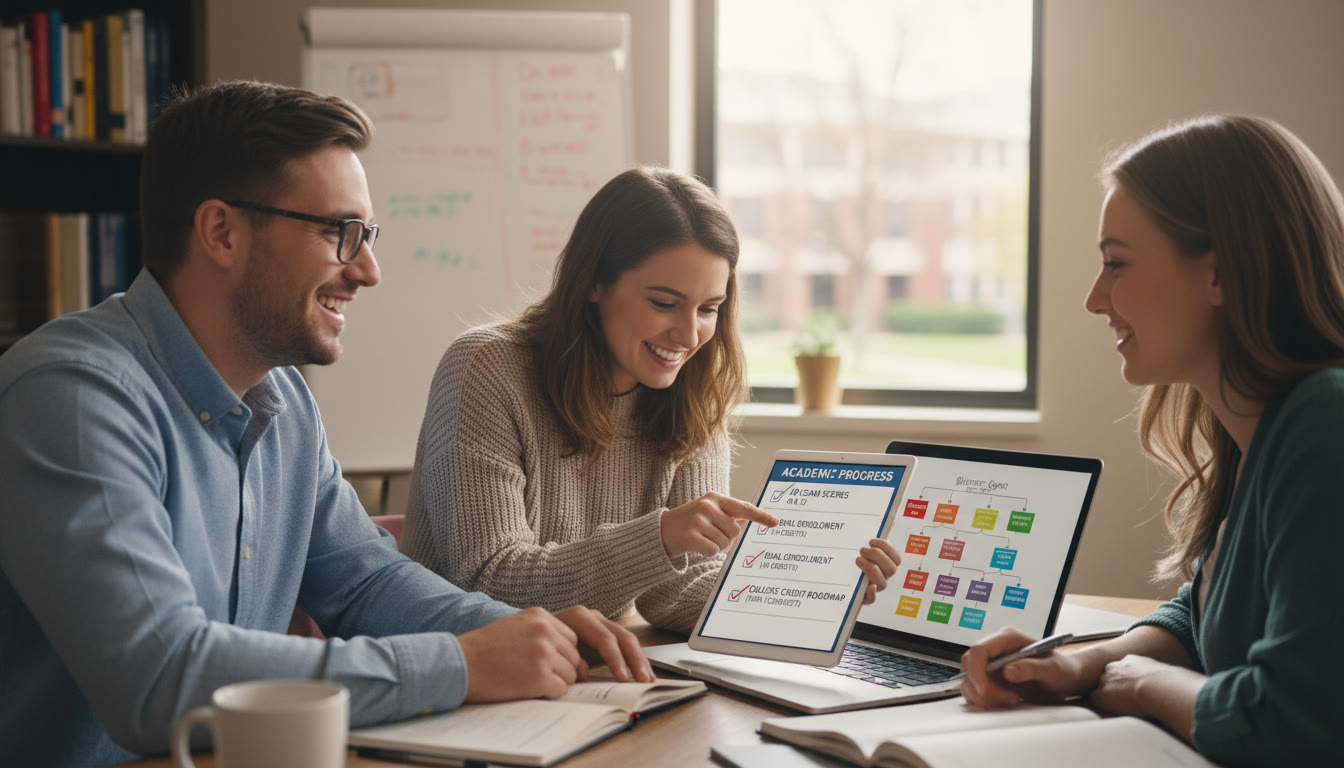 Photo Idea : A student meeting with a college advisor and tutor over a laptop, pointing at a checklist that shows AP scores, dual enrollment courses, and a college credit map — emphasizes collaboration and informed planning.