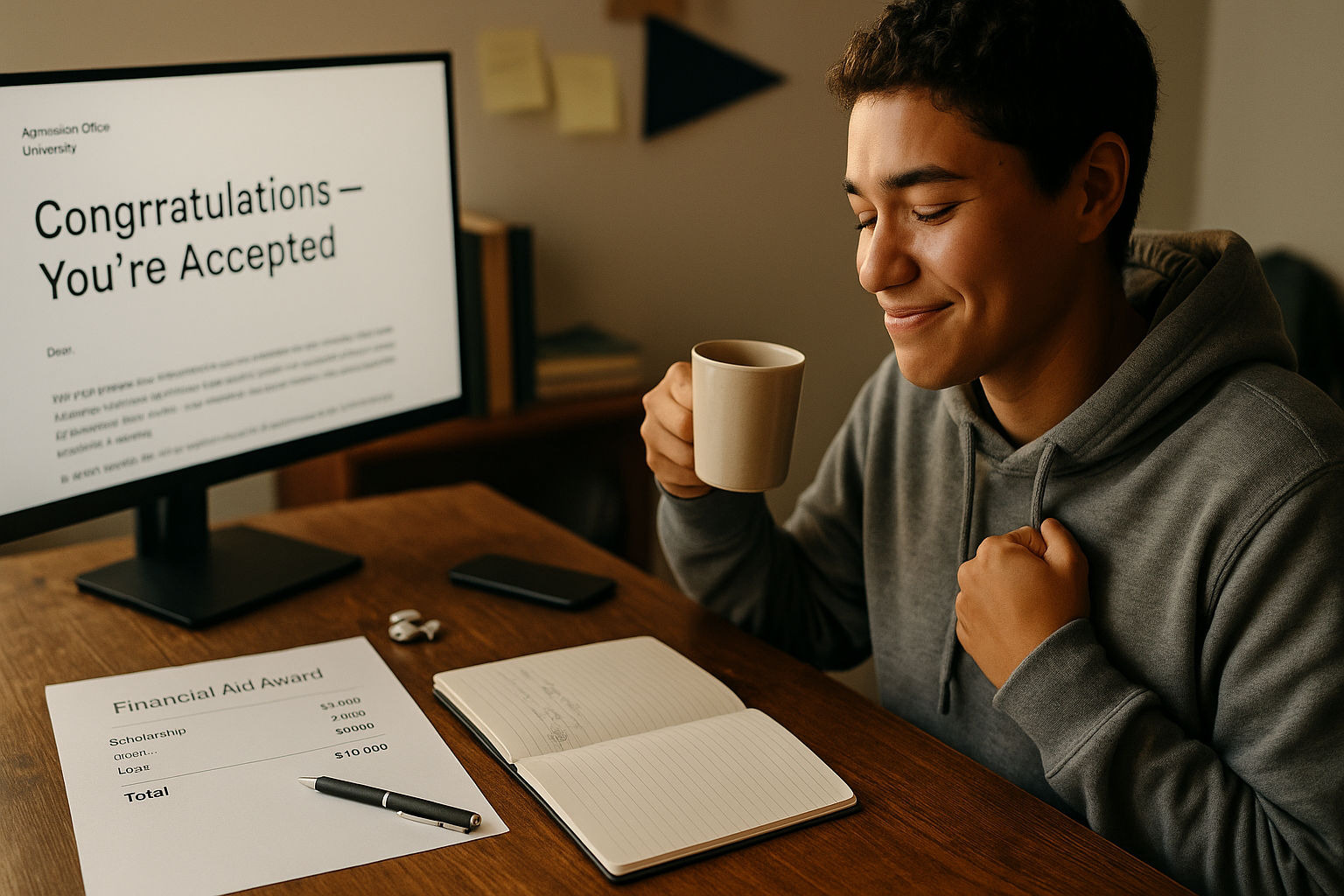 Photo Idea : A desktop scene showing a college acceptance letter on screen, a printed financial aid award, and a relieved student with a small celebratory gesture (a fist pump or raised coffee mug).