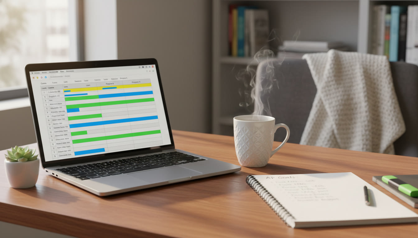 Photo Idea : A bright, tidy study desk with a laptop displaying a colorful progress-tracking spreadsheet, notebook with handwritten targets, and a mug. The mood is calm and focused.