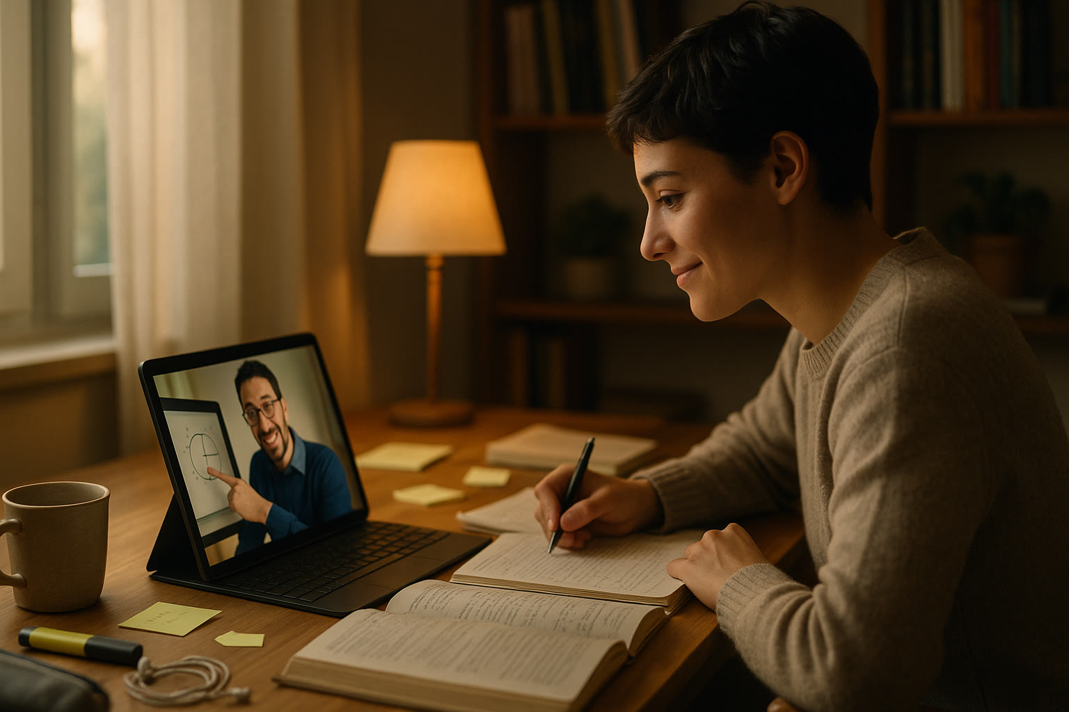 Photo Idea : A warm, candid image of a student at a desk reviewing notes with a digital tablet open and a tutor (on-screen or in-person) offering guidance. Emphasize connection, focus, and a calm learning environment.