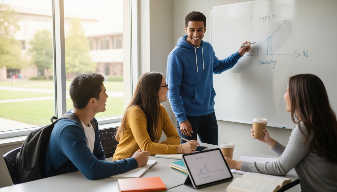 Photo Idea : A classroom or study-group moment where a student explains an economics graph to peers while another takes notes on a tablet. The image should convey collaboration, applied learning, and excitement about economics and business.