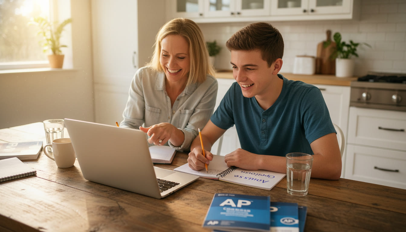 Photo Idea : A parent and teen sitting at a kitchen table with notebooks and a laptop, smiling while discussing course options—warm natural light, honest engagement.